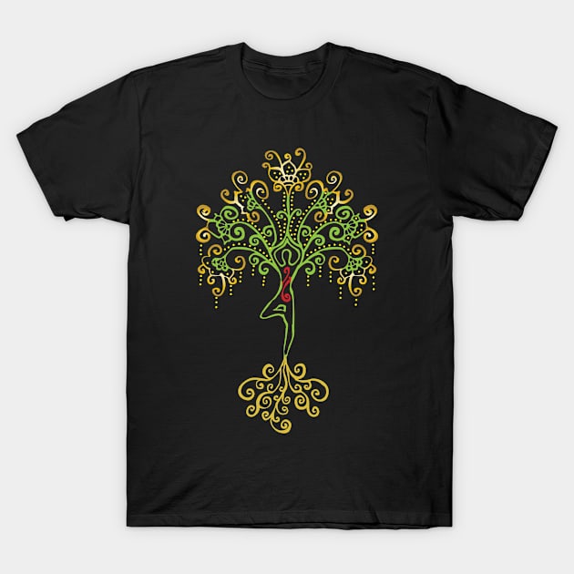 Gold Yoga Tree Pose T-Shirt by DezinerFiles